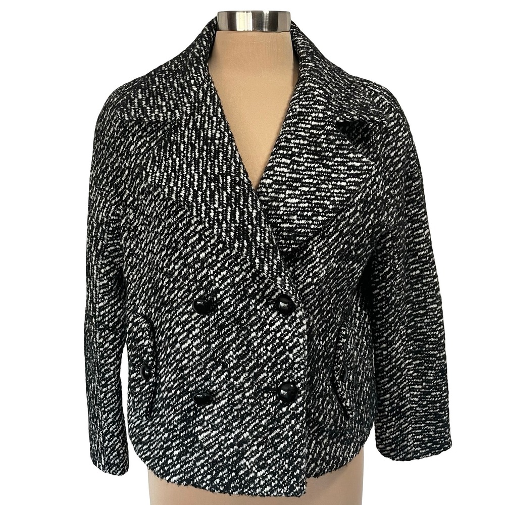 Talbots Black White Wool Alpaca Blend Double Breasted Blazer Sz 12P Fall Career